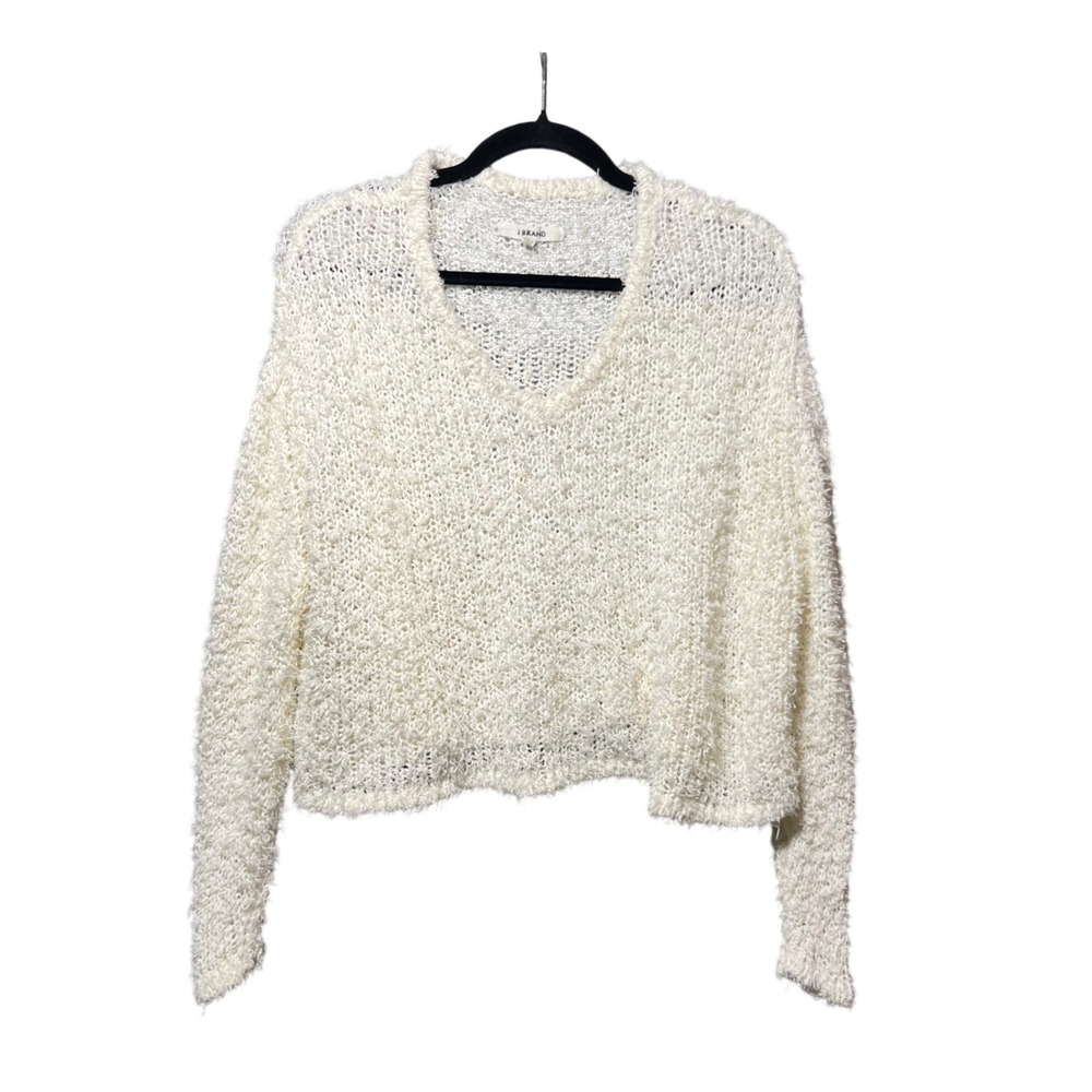 J Brand V-Neck Textured Open Knit Eyelash Sweater Off White Medium Cropped